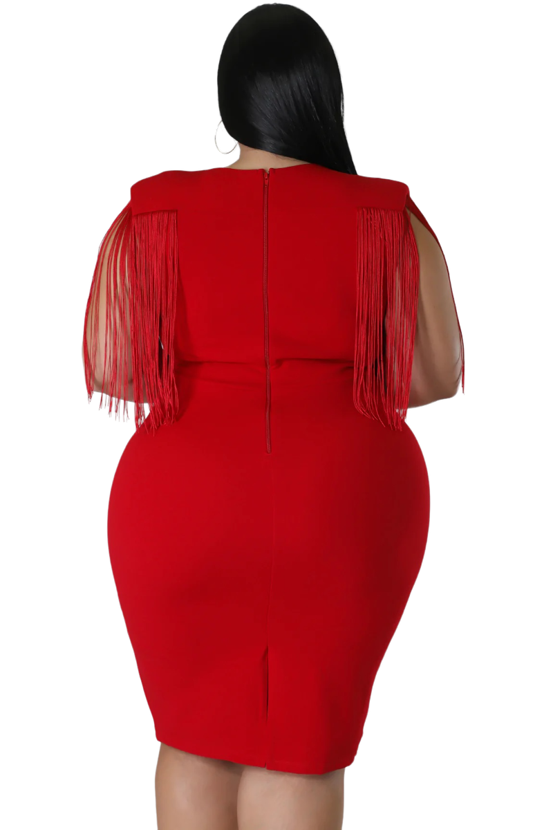 Final Sale Plus Size Faux Wrap Fringe Shoulder BodyCon Dress in Red Chic And Curvy Final Sale Plus Size Faux Wrap Fringe Shoulder BodyCon Dress in Red Chic And Curvy