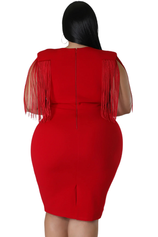 Final Sale Plus Size Faux Wrap Fringe Shoulder BodyCon Dress in Red