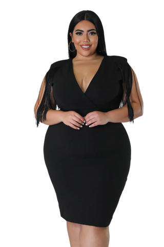 Final Sale Plus Size Faux Wrap Fringe Shoulder BodyCon Dress in Black