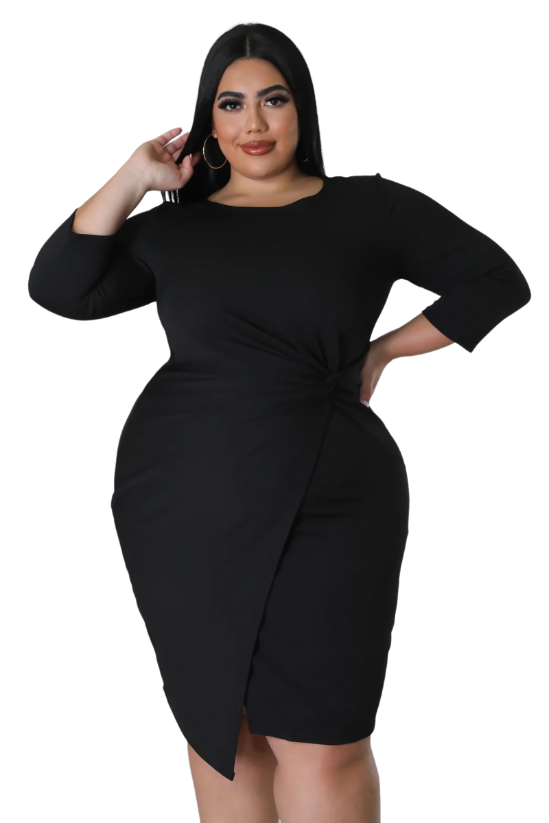 Final Sale Plus Size Long Sleeve Side Knot Wrap Midi Dress in Black - 1x 14/16 Final Sale Plus Size Long Sleeve Side Knot Wrap Midi Dress in Black - 1x 14/16