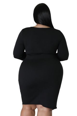 Final Sale Plus Size Long Sleeve Side Knot Wrap Midi Dress in Black