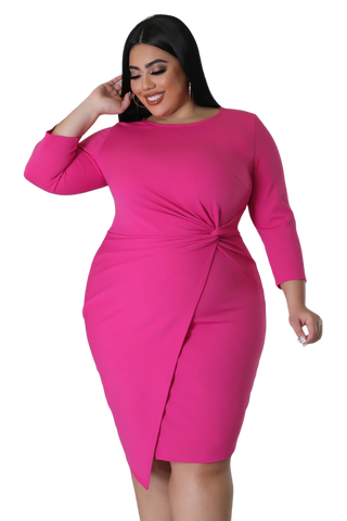 Final Sale Plus Size Long Sleeve Side Knot Wrap Midi Dress in Pink