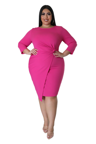Final Sale Plus Size Long Sleeve Side Knot Wrap Midi Dress in Pink
