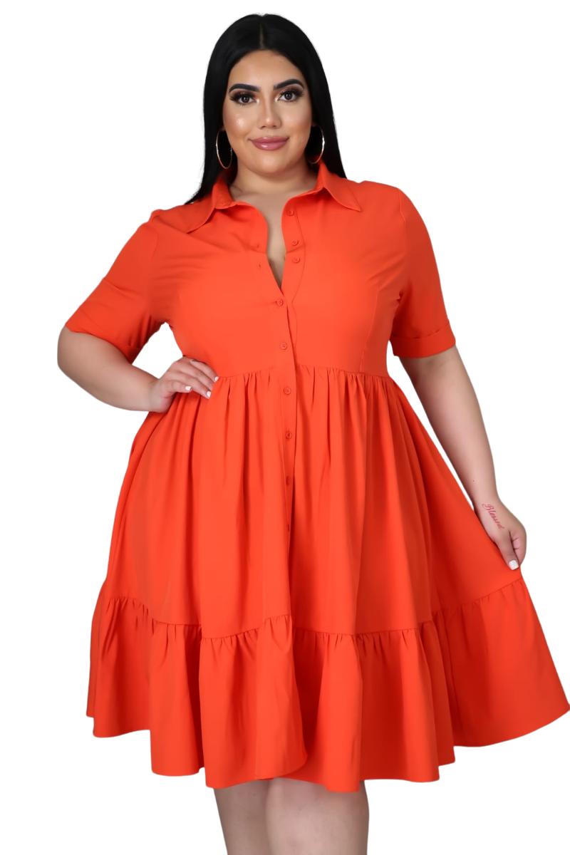 Final Sale Plus Size Collar Button Up Dress in Orange