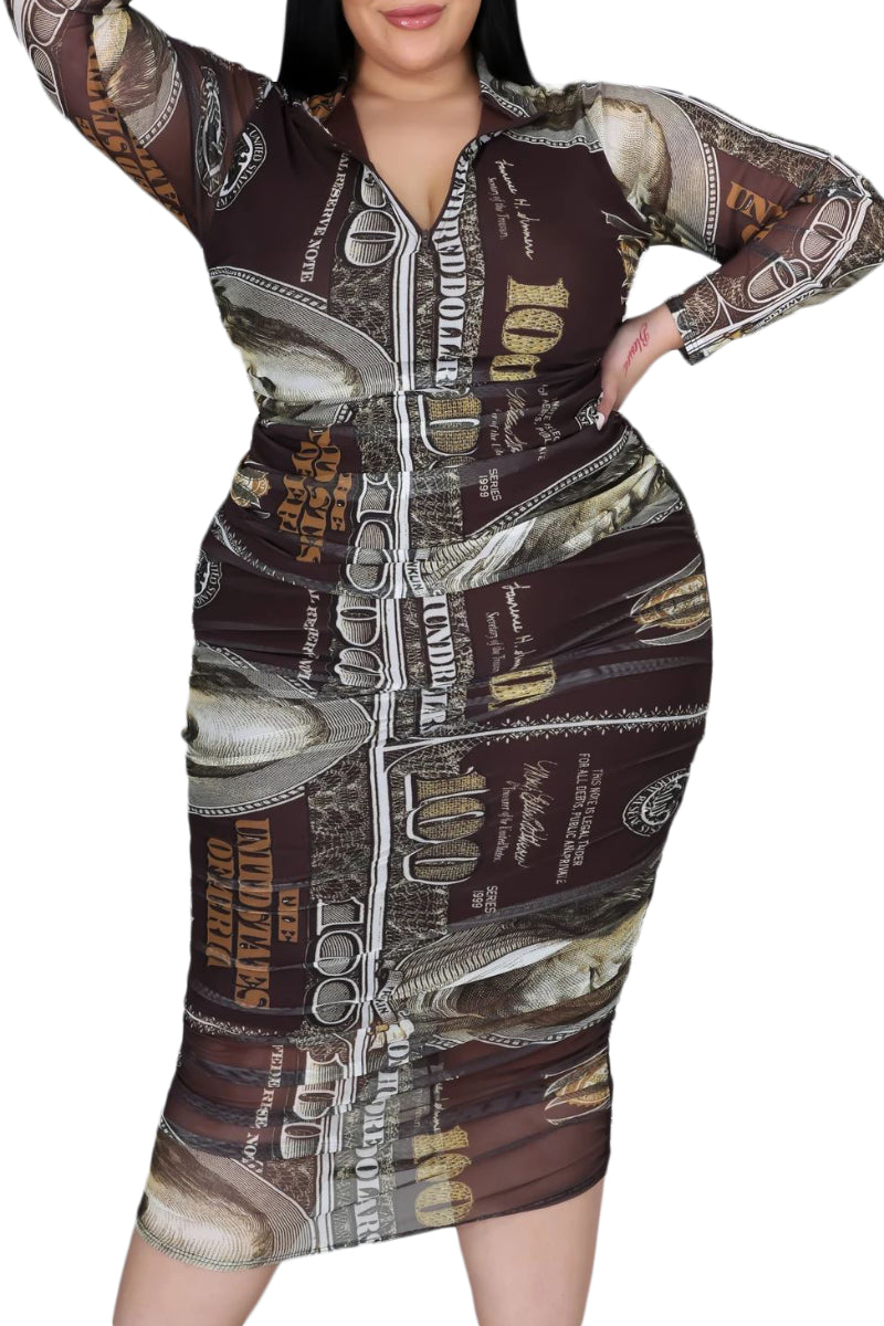 Final Sale Plus Size Mesh Ruched Dress in Brown Money Print