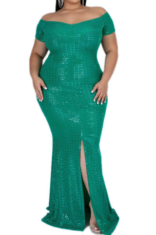 Final Sale Plus Size Faux Sequin Off the Shoulder Split Gown in Green