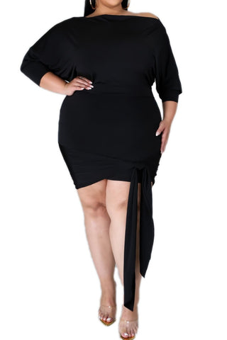 Final Sale Plus Size Off The Shoulder Bodycon Dress with Leg Tie in Black