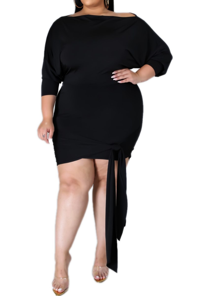 Final Sale Plus Size Off The Shoulder Bodycon Dress with Leg Tie in Black
