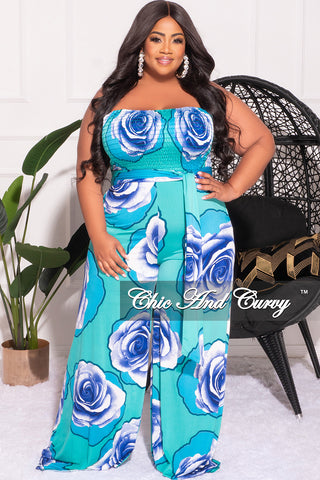 Final Sale Plus Size Strapless Jumpsuit with Waist Tie in Turquoise Floral Print