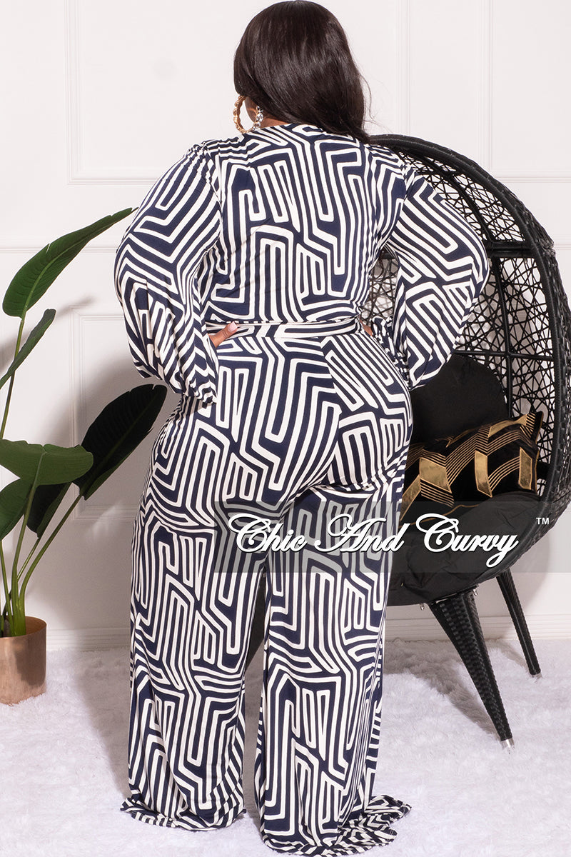 Final Sale Plus Size Faux Wrap Jumpsuit with Tie in Navy and White Design Print