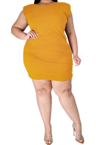Final Sale Plus Size Sleeveless Dress with Shoulder Pads in Mustard