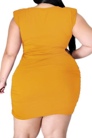 Final Sale Plus Size Sleeveless Dress with Shoulder Pads in Mustard