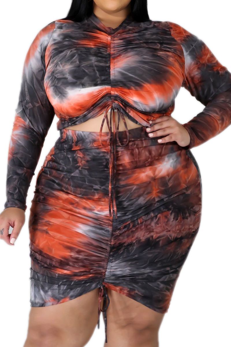 Final Sale Plus Size 2-Piece Top & Skirt Set in Rust, Black, and White Print
