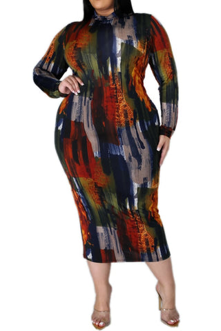 Final Sale Plus Size Reversible Long Sleeve BodyCon Dress in Dark Brush Stroke Print