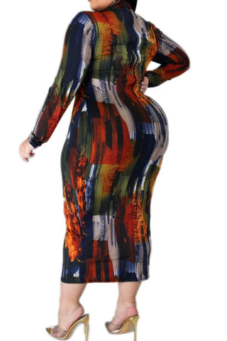 Final Sale Plus Size Reversible Long Sleeve BodyCon Dress in Dark Brush Stroke Print