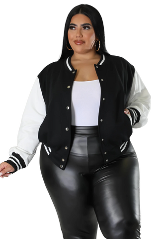 Final Sale Plus Size Plain Varsity Jacket in Black and White