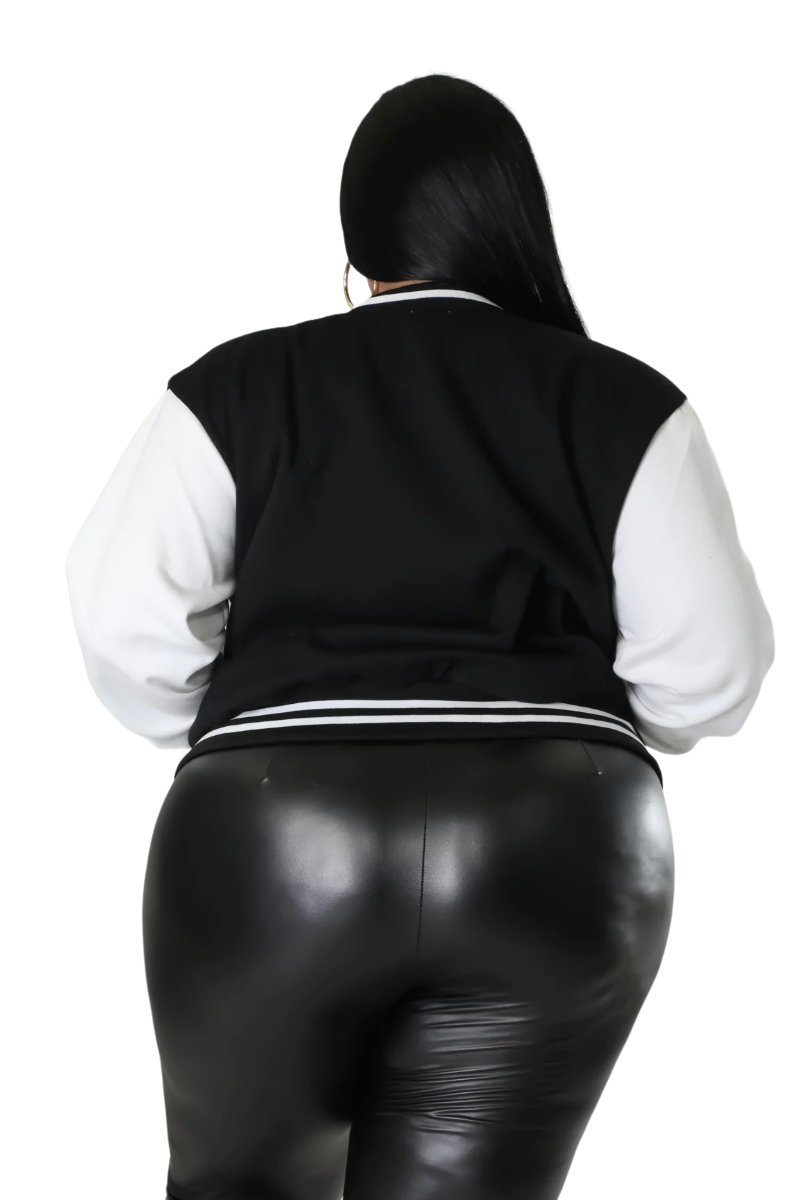 Final Sale Plus Size Plain Varsity Jacket in Black and White Chic And Curvy