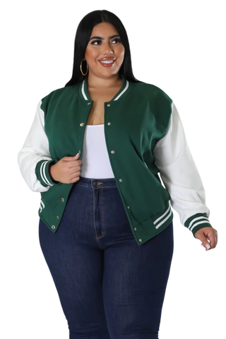 Final Sale Plus Size Plain Varsity Jacket in Green and White