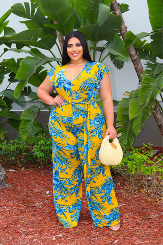 Final Sale Plus Size Faux Wrap Flutter Sleeve Jumpsuit with Tie in Mustard and Teal Leaf Print