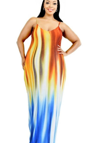 Final Sale Plus Size Tank Maxi Dress in Ivory, Blue & Orange Multi Color Print