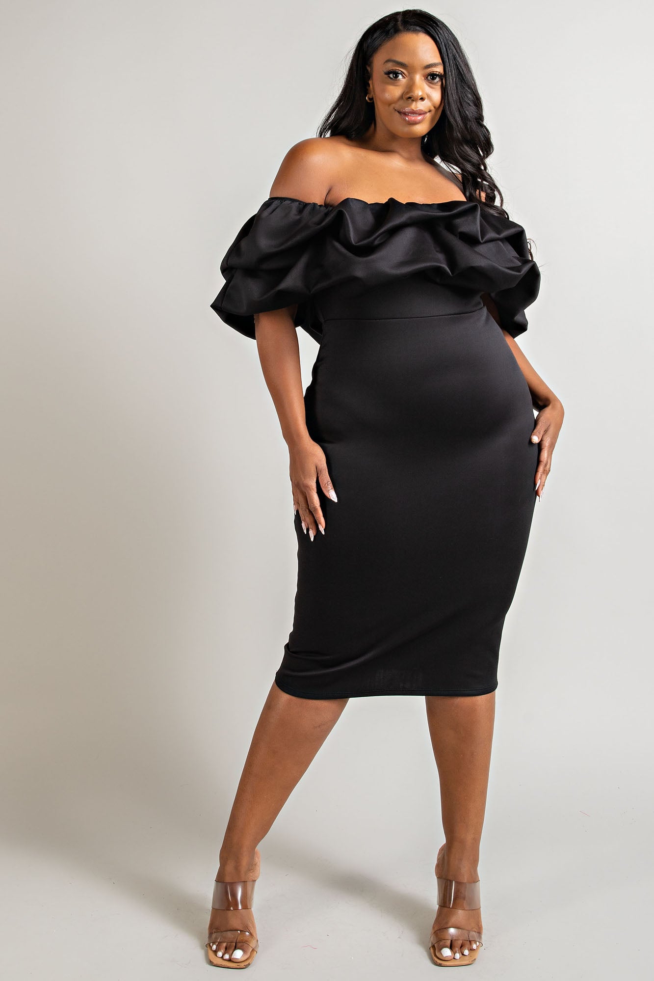 Available Online Only - Final Sale Plus Size Off the Shoulder Ruffle BodyCon Dress in Black