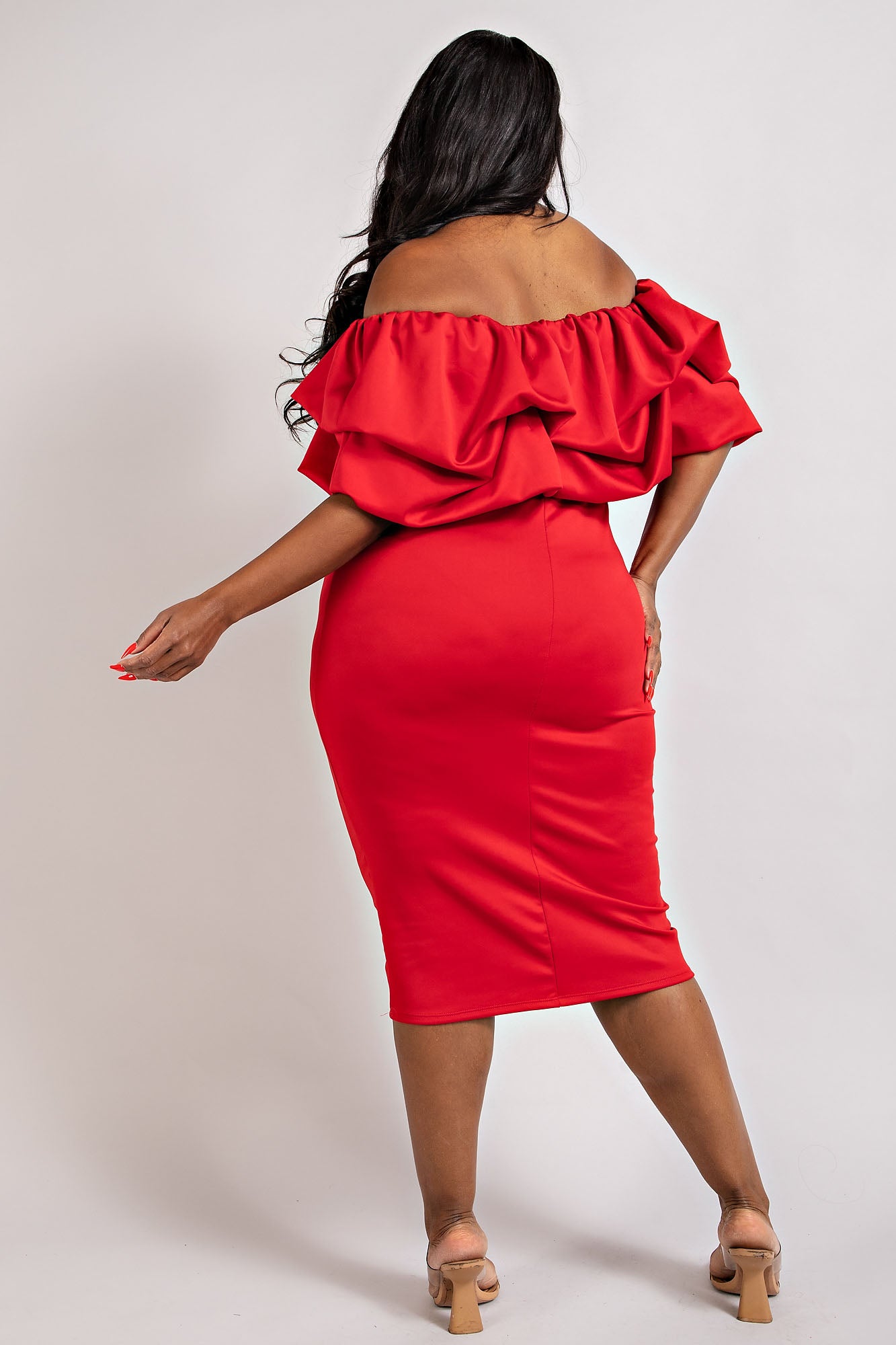 OFF SHOULDER RUFFLE TRIM BODYCON DRESS (RED) – Dress Code Chic Official
