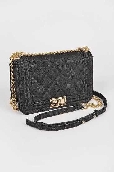 Final Sale Black Denim Crossbody Quilted Clutch