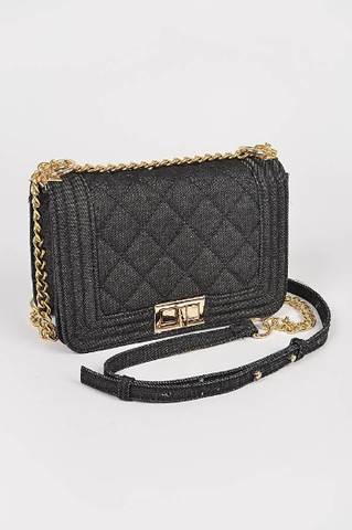 Final Sale Black Denim Crossbody Quilted Clutch