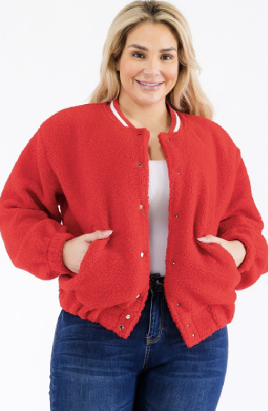 Final Sale Plus Size Teddy Bear Varsity Jacket in Red
