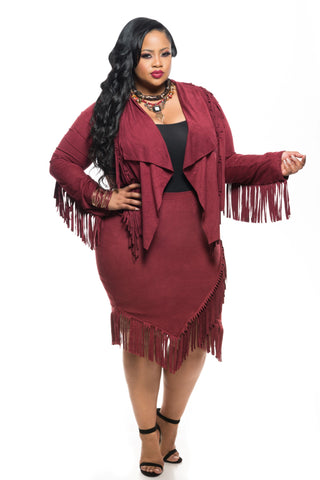 Final Sale Plus Size 2-Piece Faux Suede Jacket and Skirt w/ Fringe Trim in Burgundy