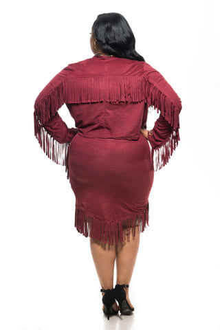 Final Sale Plus Size 2-Piece Faux Suede Jacket and Skirt w/ Fringe Trim in Burgundy