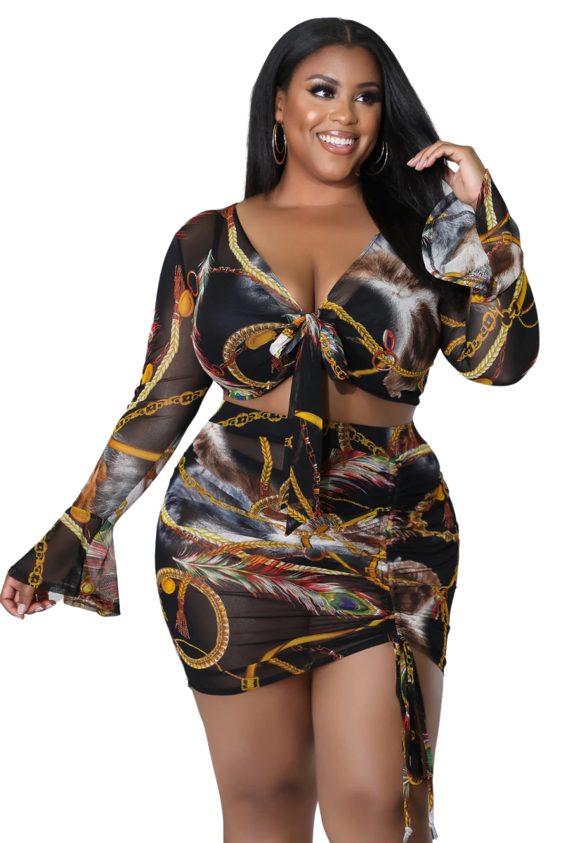 Final Sale Plus Size 2pc Set Sheer Bell Sleeve Crop Tie Top & Ruched Draw String Skirt in Black Multi Print