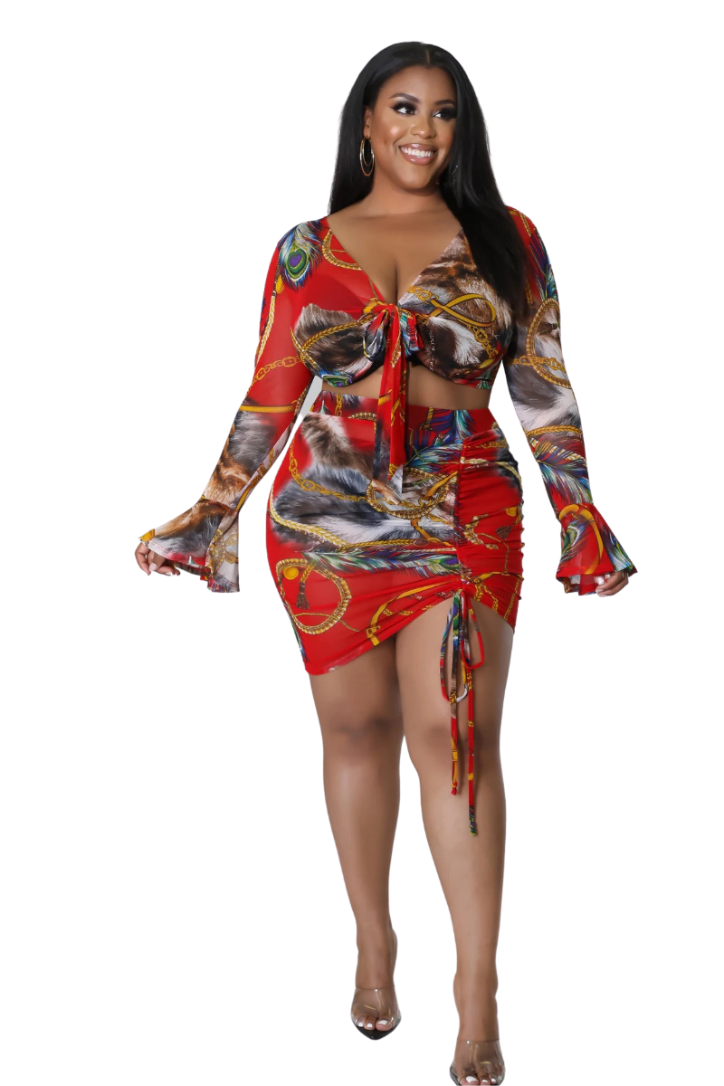 Final Sale Plus Size 2pc Set Sheer Bell Sleeve Crop Tie Top & Ruched Draw String Skirt in Red Multi Print