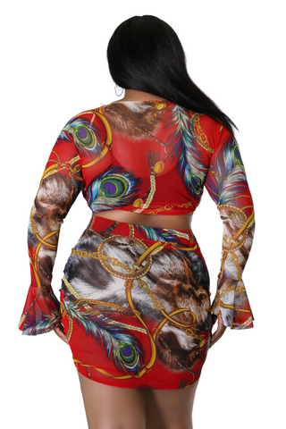 Final Sale Plus Size 2pc Set Sheer Bell Sleeve Crop Tie Top & Ruched Draw String Skirt in Red Multi Print