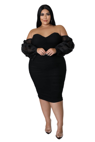 Final Sale Plus Size Mesh Shirring Tube Midi Dress with Mesh Sleeves in Black