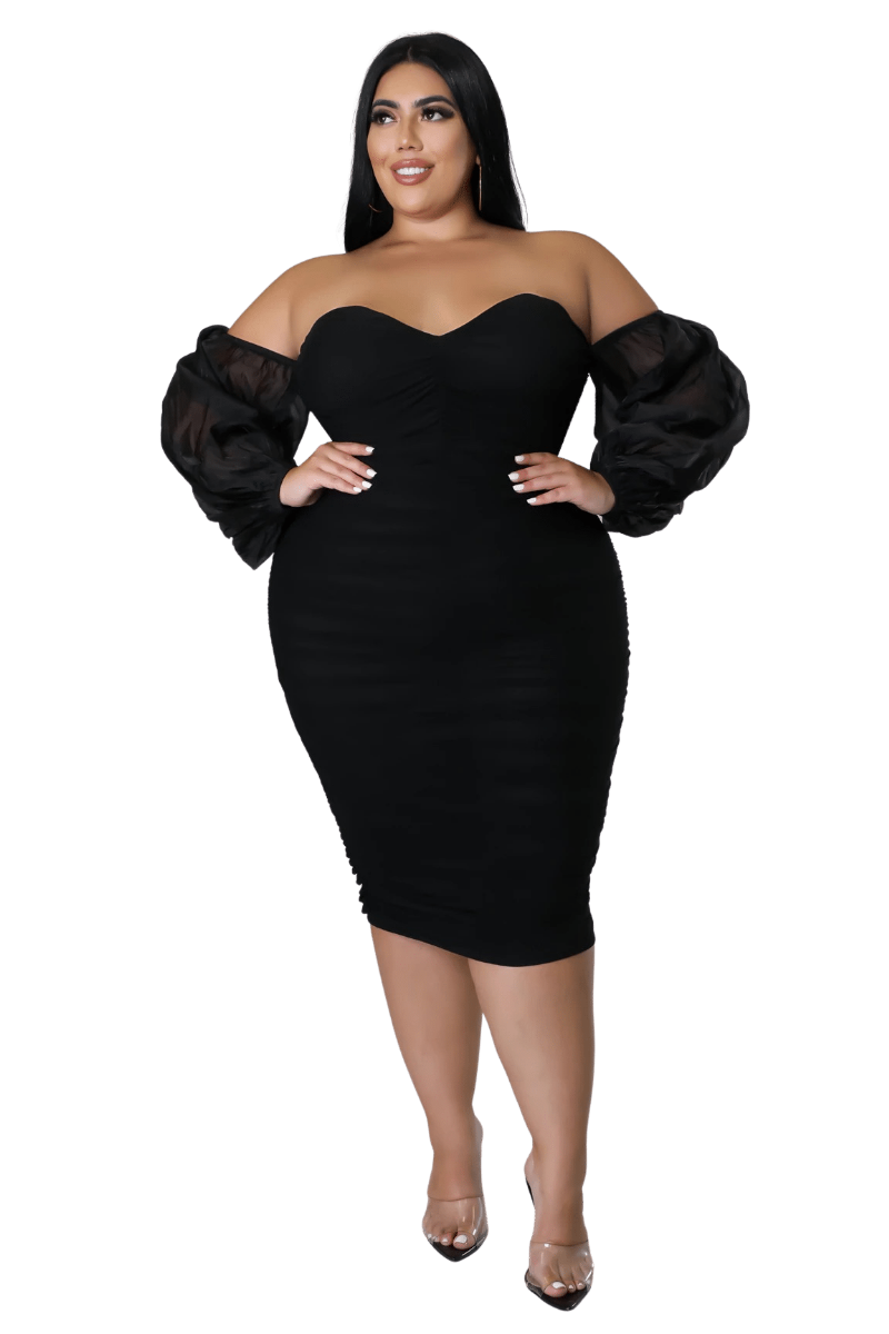 Final Sale Plus Size Mesh Shirring Tube Midi Dress with Mesh Sleeves i Chic And Curvy Final Sale Plus Size Mesh Shirring Tube Midi Dress with Mesh Sleeves i Chic And Curvy