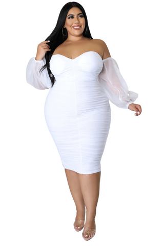 Final Sale Plus Size Mesh Shirring Tube Midi Dress with Mesh Sleeves in White