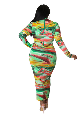 Final Sale Plus Size Long Sleeve Reversible BodyCon Dress in Green Multi Color Print