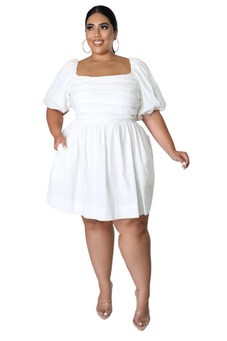 Final Sale Plus Size Half Crown Sleeve Sheering Front Ruffle Mini Dress in White