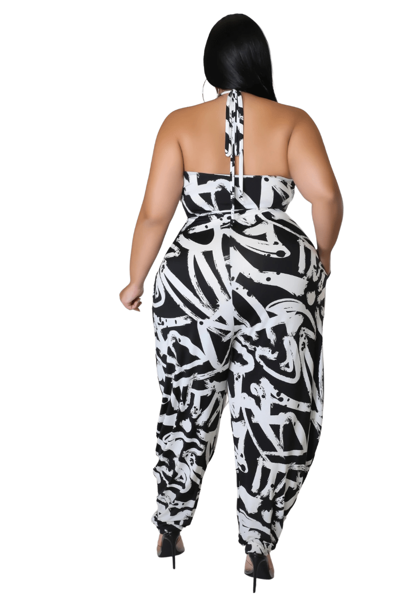 Final Sale Plus Size Halter Loose Jumpsuit in Black with White Brushstroke