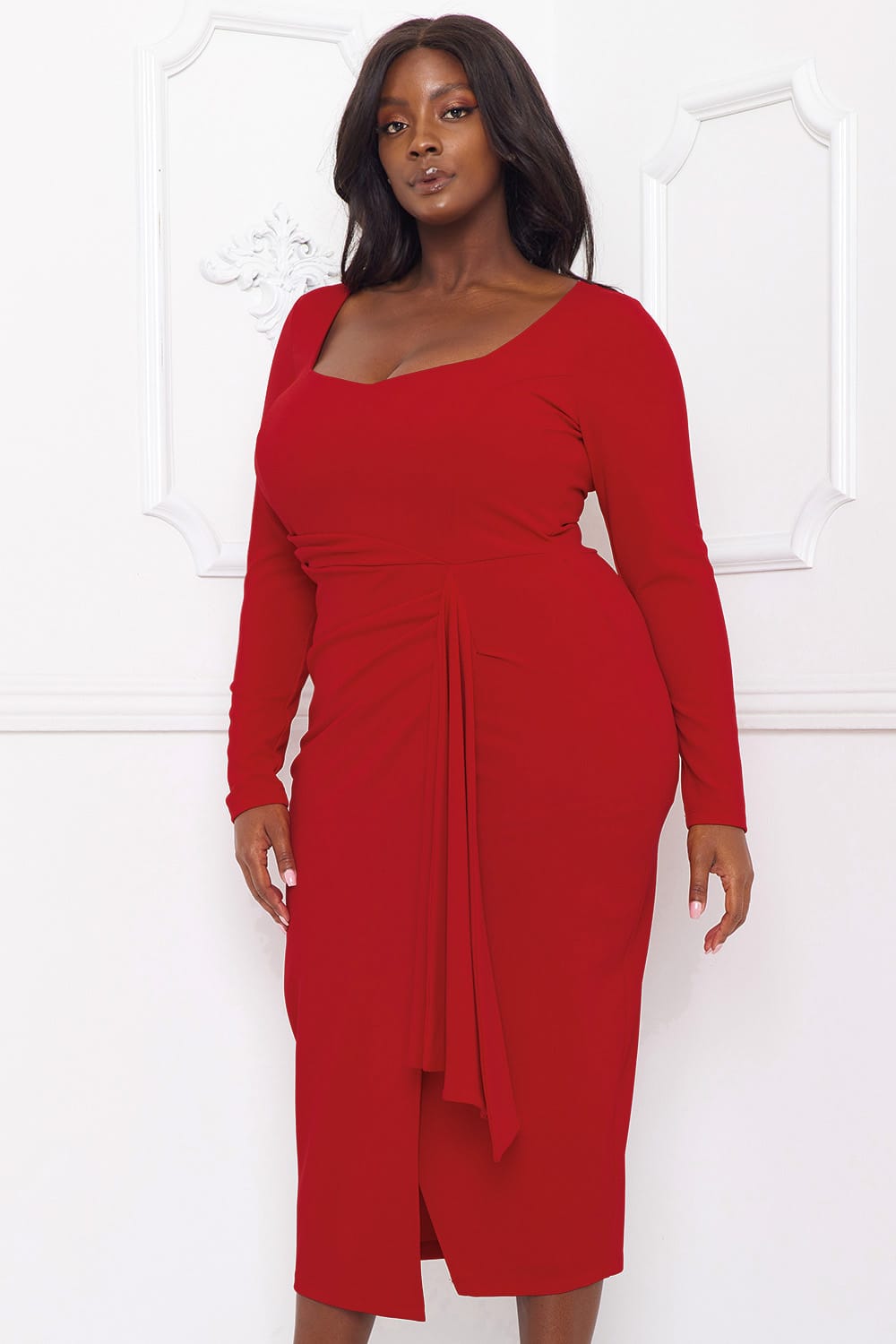 Available Online Only - Final Sale Plus Size BodyCon Dress with Wrap Skirt in Red Available Online Only - Final Sale Plus Size BodyCon Dress with Wrap Skirt in Red