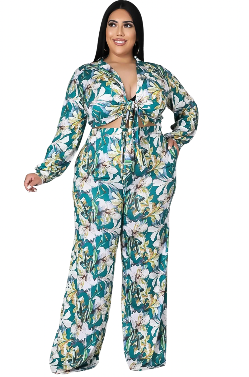 Final Sale Plus Size 2pc Crop Top & Palazzo Pant Set in Green Floral Print