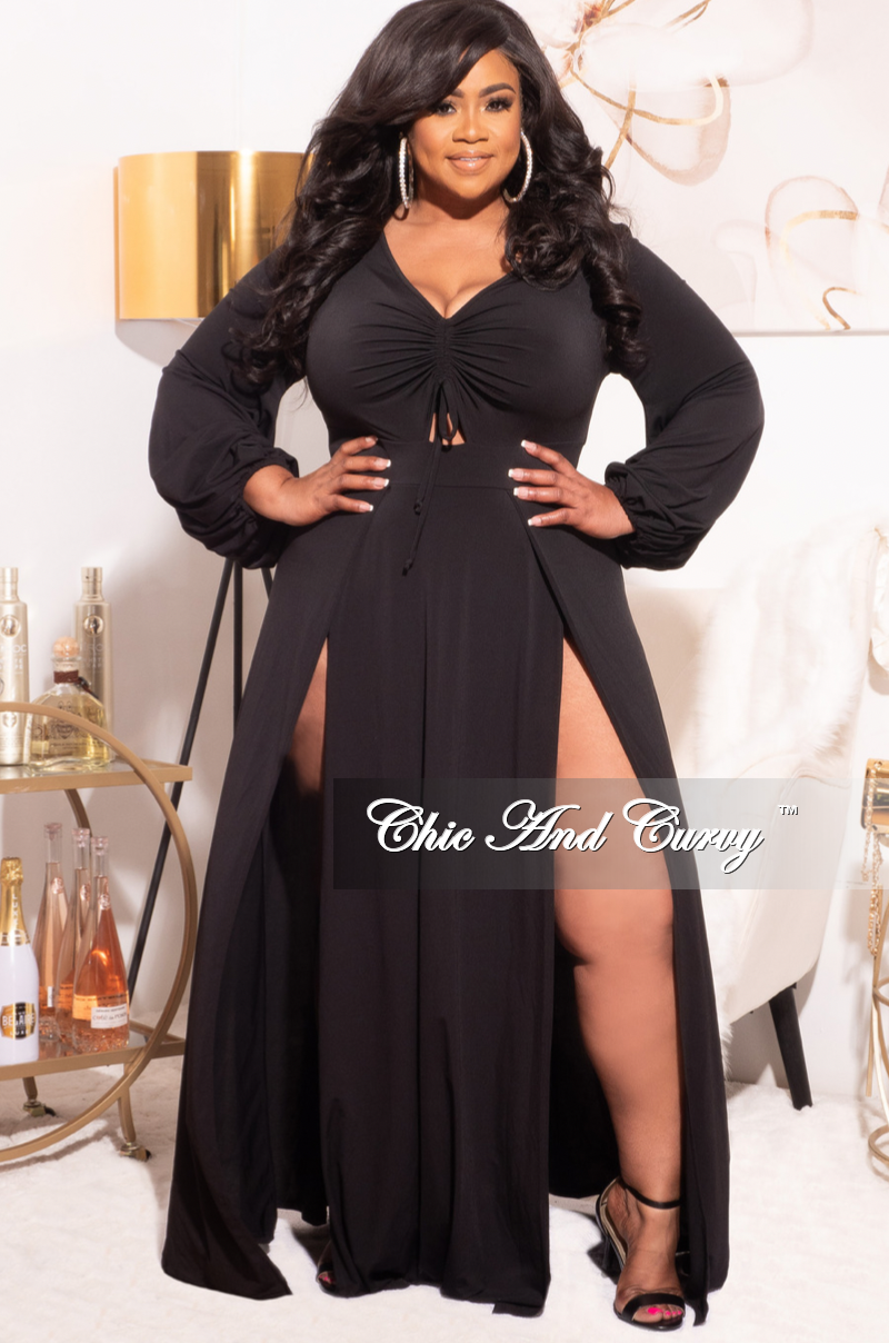 Final Sale Plus Size Ruched Maxi Dress with Double Slits in Black – Chic  And Curvy