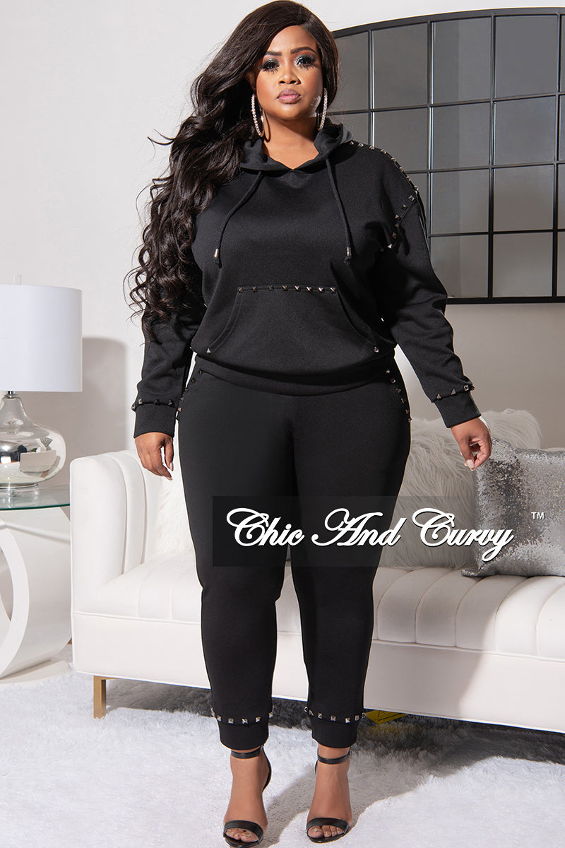 Final Sale Plus Size 2pc in Black with Silver Studs - Pullover Hooded Top & Pants