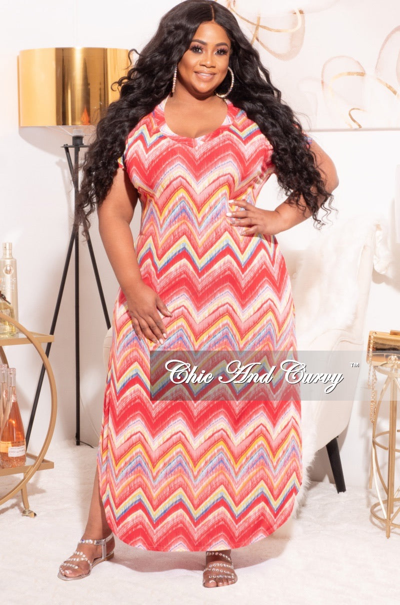 Final Sale Plus Size Maxi Dress in Coral Zip Zag Multi-Color Print