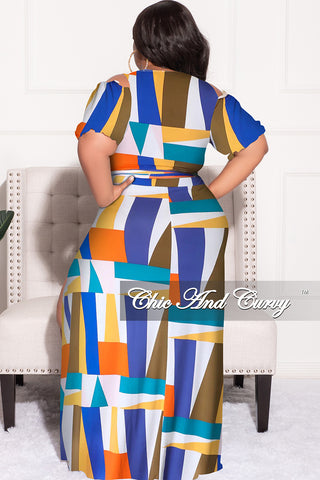 Final Sale Plus Size 2pc Faux Wrap Crop Tie Top and Double Slit Skirt Set in Multi Color Design Print