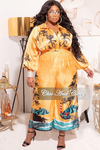 Final Sale Plus Size 2pc Satin Set with Crop Top and Culottes Pants in Mustard Palm Print
