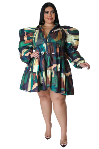 Final Sale Plus Size Puffy Sleeve 3-Tiered Button Up Collar Baby Doll Dress in Green and Brown Multicolor