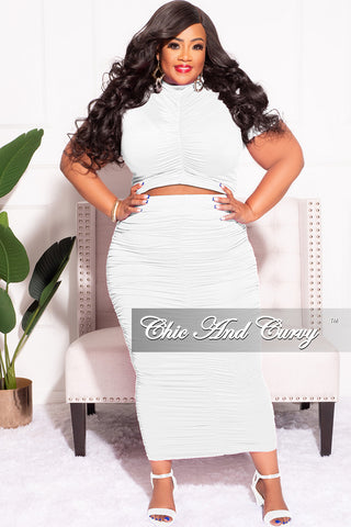Final Sale Plus Size 2pc Set Ruched Crop Top & Skirt in White
