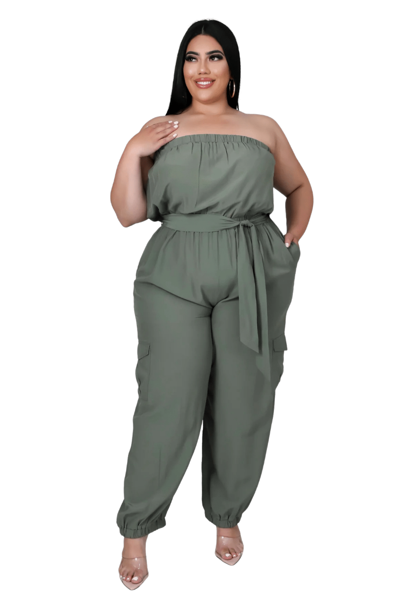 Final Sale Plus Size Strapless Jumpsuit with Tie in Olive